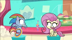 Size: 1232x686 | Tagged: safe, screencap, character:fluttershy, character:rainbow dash, character:sonic the hedgehog, episode:potion mystery, g4.5, my little pony:pony life, spoiler:pony life s01e19, sonic dash, sonic the hedgehog (series), sonic-style rainbow dash, sugarcube corner, wheel o feet