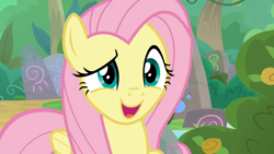 Size: 1280x720 | Tagged: safe, screencap, character:fluttershy, species:pegasus, species:pony, episode:sounds of silence, g4, my little pony: friendship is magic, open mouth, smiling, solo