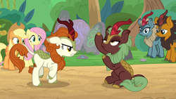 Size: 1280x720 | Tagged: safe, screencap, character:applejack, character:autumn blaze, character:cinder glow, character:fluttershy, character:summer flare, episode:sounds of silence, g4, my little pony: friendship is magic, angry, frustrated, gesture
