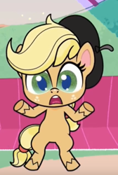 Size: 430x640 | Tagged: safe, screencap, character:applejack, episode:how applejack got her hat back, g4.5, my little pony:pony life, spoiler:pony life s01e04, beret, clothing, cropped, hat, open mouth, sitting, solo