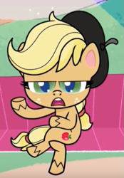 Size: 431x619 | Tagged: safe, screencap, character:applejack, species:earth pony, species:pony, episode:how applejack got her hat back, g4.5, my little pony:pony life, spoiler:pony life s01e04, beret, clothing, cropped, crossed legs, female, hat, mare, open mouth, raised hoof, sitting, solo