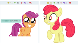 Size: 766x422 | Tagged: artist needed, safe, screencap, character:apple bloom, character:scootaloo, species:earth pony, species:pegasus, species:pony, derpibooru, cute, cutealoo, grin, juxtaposition, meta, missing accessory, shocked, smiling, solo, tags, wide eyes