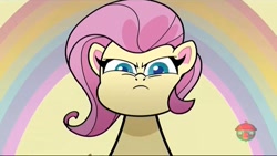 Size: 1280x720 | Tagged: safe, screencap, character:fluttershy, species:pony, episode:death of a sales-pony, g4.5, my little pony:pony life, spoiler:pony life s01e08, angry, female, fluttershy is not amused, giant pony, giantess, giantshy, looking at you, macro, rainbow, treehouse logo, unamused
