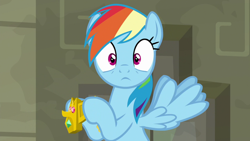 Size: 1920x1080 | Tagged: safe, screencap, character:rainbow dash, species:pegasus, species:pony, episode:daring doubt, g4, my little pony: friendship is magic, cute, dashabetes, female, hoof hold, looking at camera, looking at you, solo, truth talisman