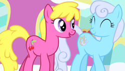 Size: 819x466 | Tagged: safe, screencap, character:cherry berry, character:linky, character:shoeshine, species:earth pony, species:pony, episode:simple ways, g4, my little pony: friendship is magic, duo, eyes closed, female, mare, walking