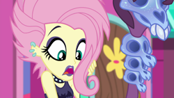 Size: 1920x1080 | Tagged: safe, screencap, character:fluttershy, episode:the road less scheduled, g4, my little pony:equestria girls, eyeshadow, flutterpunk, lipstick, makeup, piercing, sleeveless, solo, staff