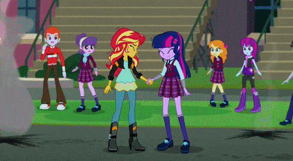 Size: 600x330 | Tagged: safe, screencap, character:spike, character:spike (dog), character:sunset shimmer, character:twilight sparkle, character:twilight sparkle (scitwi), species:dog, species:eqg human, equestria girls:friendship games, g4, my little pony:equestria girls, animated, apology, canterlot high, clothing, crystal prep academy uniform, glasses, school uniform, subtitles, teary eyes, text