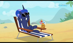 Size: 1024x600 | Tagged: safe, screencap, character:princess luna, species:alicorn, species:pony, episode:between dark and dawn, g4, my little pony: friendship is magic, beach, beach chair, cartoonito logo, drink, female, hooves behind head, mare, relaxing, rock, smoothie, solo, sunglasses, youtube link