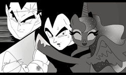 Size: 800x480 | Tagged: safe, artist:yordisz, screencap, character:princess luna, species:alicorn, species:pony, angry, black and white, crossover, crossover shipping, dragon ball z, fanfic, fanfic art, grayscale, hug, monochrome, shipping, smiling, vegeta