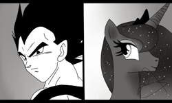 Size: 800x480 | Tagged: safe, artist:yordisz, screencap, character:princess luna, species:alicorn, species:pony, black and white, crossover, crossover shipping, dragon ball z, fanfic, fanfic art, grayscale, monochrome, shipping, vegeta