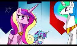 Size: 800x480 | Tagged: safe, artist:yordisz, screencap, character:princess cadance, character:princess celestia, character:princess flurry heart, species:alicorn, species:pony, alicorn drama, canterlot castle, castle of the royal pony sisters, crying, dramatic, fanfic art, filly, filly flurry heart, tears of pain, teary eyes
