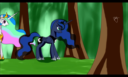 Size: 800x480 | Tagged: safe, artist:yordisz, screencap, character:princess celestia, character:princess luna, species:alicorn, species:pony, alicorn drama, angry, discorded, discussion, dramatic, fanfic art, forest, grass, royal sisters, tree