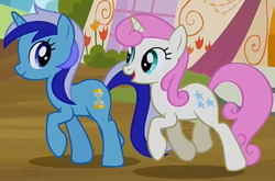Size: 366x241 | Tagged: safe, screencap, character:minuette, character:twinkleshine, species:pony, species:unicorn, episode:it's about time, g4, my little pony: friendship is magic, duo, female, mare, walking