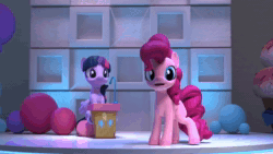 Size: 1920x1080 | Tagged: safe, screencap, character:pinkie pie, character:twilight sparkle, character:twilight sparkle (alicorn), species:alicorn, species:earth pony, species:pegasus, species:pony, 3d, animated, food, hello pinkie pie, microphone, name that pony challenge, pie, podium, smiling, sound, stage, talking, wait what, webm, worried