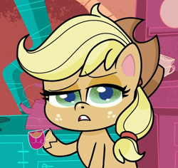 Size: 1060x1000 | Tagged: safe, screencap, character:applejack, species:earth pony, species:pony, episode:bighoof walking, g4.5, my little pony:pony life, spoiler:pony life s01e09, cropped, cup, food, lidded eyes, solo, tea, teacup