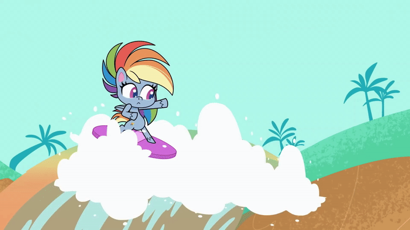 Size: 800x450 | Tagged: safe, screencap, character:rainbow dash, species:pegasus, species:pony, episode:pony surfin' safari, g4.5, my little pony:pony life, spoiler:pony life s01e22, animated, bipedal, cartoon physics, falling, gif, gritted teeth, looking at you, rainbow water, solo, splash, surfboard, surfing