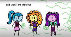 Size: 1516x794 | Tagged: safe, artist:round trip, screencap, character:adagio dazzle, character:aria blaze, character:sonata dusk, equestria girls:rainbow rocks, g4, my little pony:equestria girls, burger, fast food, food, misspelling, mlp in a nutshell, parody, pretzel, rainbow rocks in a nutshell, stick pony, stickquestria girls, the dazzlings, youtube
