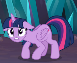 Size: 546x445 | Tagged: safe, screencap, character:twilight sparkle, character:twilight sparkle (alicorn), species:alicorn, species:pony, episode:the beginning of the end, g4, my little pony: friendship is magic, cropped, crouching, floppy ears, solo, worried