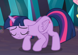 Size: 554x393 | Tagged: safe, screencap, character:twilight sparkle, character:twilight sparkle (alicorn), species:alicorn, species:pony, episode:the beginning of the end, g4, my little pony: friendship is magic, cropped, crouching, floppy ears, sad, solo