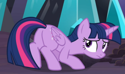 Size: 946x564 | Tagged: safe, screencap, character:twilight sparkle, character:twilight sparkle (alicorn), species:alicorn, species:pony, episode:the beginning of the end, g4, my little pony: friendship is magic, butt, cropped, crouching, digging, looking back, plot, sad, solo