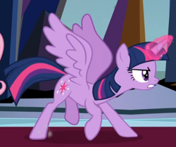 Size: 624x522 | Tagged: safe, screencap, character:twilight sparkle, character:twilight sparkle (alicorn), species:alicorn, species:pony, episode:the beginning of the end, g4, my little pony: friendship is magic, cropped, determined, glowing horn, horn, raised hoof, solo, spread wings, wings