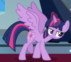 Size: 876x758 | Tagged: safe, screencap, character:twilight sparkle, character:twilight sparkle (alicorn), species:alicorn, species:pony, episode:the beginning of the end, g4, my little pony: friendship is magic, cropped, determined, glowing horn, horn, solo, spread wings, wings