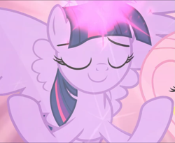 Size: 1147x939 | Tagged: safe, screencap, character:twilight sparkle, character:twilight sparkle (alicorn), species:alicorn, species:pony, episode:the beginning of the end, g4, my little pony: friendship is magic, cropped, eyes closed, glowing horn, horn, magic, magic aura, smiling, solo, spread hooves
