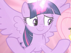 Size: 1254x937 | Tagged: safe, screencap, character:twilight sparkle, character:twilight sparkle (alicorn), species:alicorn, species:pony, episode:the beginning of the end, g4, my little pony: friendship is magic, cropped, glowing horn, horn, smiling, solo, spread hooves, spread wings, wings