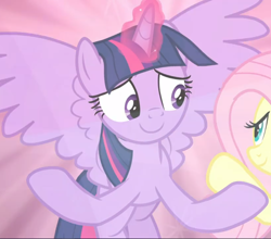 Size: 1068x938 | Tagged: safe, screencap, character:fluttershy, character:twilight sparkle, character:twilight sparkle (alicorn), species:alicorn, species:pony, episode:the beginning of the end, g4, my little pony: friendship is magic, cropped, glowing horn, horn, looking at each other, magic, magic aura, smiling, solo focus, spread hooves, spread wings, wings
