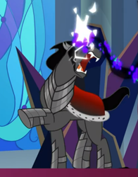 Size: 545x695 | Tagged: safe, screencap, character:king sombra, episode:the beginning of the end, g4, my little pony: friendship is magic, cropped, dark magic, glowing horn, horn, magic, open mouth, raised hoof, solo