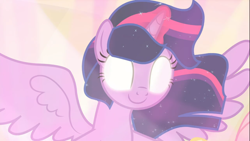 Size: 1666x937 | Tagged: safe, screencap, character:twilight sparkle, character:twilight sparkle (alicorn), species:alicorn, species:pony, episode:the beginning of the end, g4, my little pony: friendship is magic, cropped, ethereal mane, glowing eyes, glowing horn, horn, magic, magic aura, solo, spread wings, wings