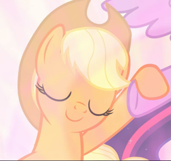 Size: 993x939 | Tagged: safe, screencap, character:applejack, character:twilight sparkle, character:twilight sparkle (alicorn), species:alicorn, species:pony, episode:the beginning of the end, g4, my little pony: friendship is magic, cropped, cute, eyes closed, holding hooves, jackabetes, smiling