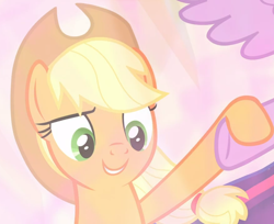 Size: 1144x935 | Tagged: safe, screencap, character:applejack, character:twilight sparkle, character:twilight sparkle (alicorn), species:alicorn, species:pony, episode:the beginning of the end, g4, my little pony: friendship is magic, cropped, holding hooves, smiling