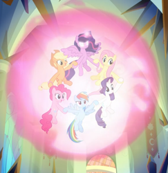 Size: 747x770 | Tagged: safe, screencap, character:applejack, character:fluttershy, character:pinkie pie, character:rainbow dash, character:rarity, character:twilight sparkle, character:twilight sparkle (alicorn), species:alicorn, species:pony, episode:the beginning of the end, g4, my little pony: friendship is magic, cropped, ethereal mane, floating, glowing horn, group, holding hooves, horn, magic, magic aura, magic of friendship, mane six, spread wings, wings