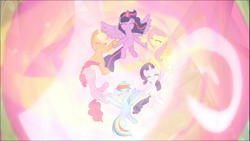 Size: 1670x939 | Tagged: safe, screencap, character:applejack, character:fluttershy, character:pinkie pie, character:rainbow dash, character:rarity, character:twilight sparkle, character:twilight sparkle (alicorn), species:alicorn, species:pony, episode:the beginning of the end, g4, my little pony: friendship is magic, cropped, cute, ethereal mane, eyes closed, glowing horn, group, holding hooves, horn, magic of friendship, mane six, smiling, spread wings, wings