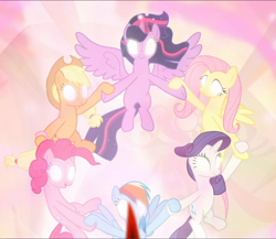 Size: 1082x939 | Tagged: safe, screencap, character:applejack, character:fluttershy, character:pinkie pie, character:rainbow dash, character:rarity, character:twilight sparkle, character:twilight sparkle (alicorn), species:alicorn, species:pony, episode:the beginning of the end, g4, my little pony: friendship is magic, cropped, ethereal mane, glowing eyes, glowing horn, group, holding hooves, horn, magic, magic aura, magic of friendship, mane six, spread wings, wings