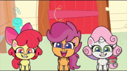 Size: 1920x1080 | Tagged: safe, screencap, character:apple bloom, character:scootaloo, character:sweetie belle, species:earth pony, species:pegasus, species:pony, species:unicorn, episode:disappearing act, g4.5, my little pony:pony life, spoiler:pony life s01e12, animated, animation error, cutie mark crusaders, sound, treehouse logo, webm