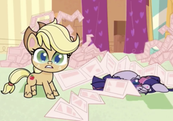 Size: 2638x1848 | Tagged: safe, screencap, character:applejack, character:twilight sparkle, species:alicorn, species:earth pony, species:pony, episode:badge of shame, g4.5, my little pony:pony life, spoiler:pony life s01e13, broken, engineering, female, instructions, mare