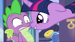 Size: 1279x720 | Tagged: safe, screencap, character:spike, character:twilight sparkle, character:twilight sparkle (alicorn), species:alicorn, species:pony, episode:the times they are a changeling, g4, my little pony: friendship is magic, boop, cropped, cute, duo, floppy ears, looking at each other, noseboop, shrunken pupils, smiling, twiabetes