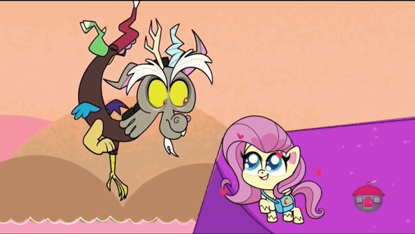 Size: 600x338 | Tagged: safe, screencap, character:discord, character:fluttershy, species:draconequus, species:pegasus, species:pony, episode:discord's peak, g4.5, my little pony:pony life, spoiler:pony life s01e14, animated, bag, female, floating heart, flying, gif, heart, implied discoshy, implied shipping, implied straight, large eyes, looking at each other, male, mt. volcanope, raised hoof, treehouse logo, wings