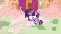 Size: 1920x1074 | Tagged: safe, screencap, character:applejack, character:twilight sparkle, character:twilight sparkle (alicorn), species:alicorn, species:earth pony, species:pony, episode:badge of shame, g4.5, my little pony:pony life, spoiler:pony life s01e13, animated, anxious, broken, eyes closed, instructions, looking at you, shattered, smiling, sound, stressed, sugarcube corner, talking, treehouse logo, twibreaking, twilight got anxious and worked up, twilighting, webm, worried