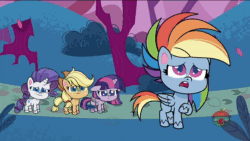 Size: 1920x1080 | Tagged: safe, screencap, character:applejack, character:rainbow dash, character:rarity, character:twilight sparkle, species:alicorn, species:earth pony, species:pegasus, species:pony, species:unicorn, episode:bighoof walking, g4.5, my little pony:pony life, spoiler:pony life s01e09, animated, female, mare, sound, spin dash, tree, webm