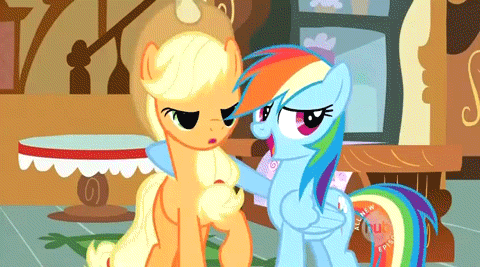 Size: 480x267 | Tagged: safe, screencap, character:applejack, character:rainbow dash, character:spike, episode:the mysterious mare do well, g4, my little pony: friendship is magic, animated, camera, camera flashes, clothing, hat, hoof around neck, hub logo, snappy scoop, trenchcoat