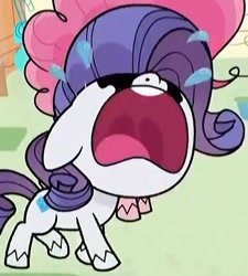 Size: 386x429 | Tagged: safe, screencap, character:pinkie pie, character:rarity, episode:bad thing no. 3, g4.5, my little pony:pony life, spoiler:pony life s01e05, crying, makeup, marshmelodrama, open mouth, rarity being rarity, running makeup