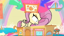 Size: 1280x720 | Tagged: safe, screencap, character:fluttershy, species:pony, episode:death of a sales-pony, g4.5, my little pony:pony life, spoiler:pony life s01e08, angry, female, giant pony, giant pony's rase the roof, giantess, giantshy, macro, rooftop, shrunken pupils, sugarcube corner