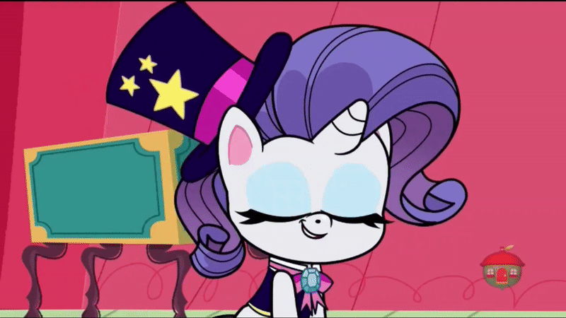 Size: 800x450 | Tagged: safe, screencap, character:angel bunny, character:rarity, species:pony, species:unicorn, episode:disappearing act, g4.5, my little pony:pony life, spoiler:pony life s01e12, animal, animated, clothing, eyes closed, gasping, gif, hat, hyperventilating, magician outfit, magician rarity, panicking, top hat, treehouse logo