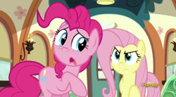 Size: 496x274 | Tagged: safe, screencap, character:fluttershy, character:pinkie pie, species:earth pony, species:pegasus, species:pony, episode:buckball season, g4, my little pony: friendship is magic, angry, discovery family logo, imminent rage, looking back, raised hoof, sad, this will not end well, train