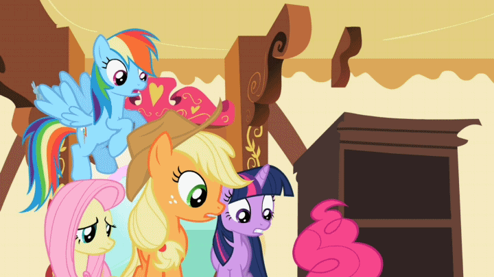 Size: 720x405 | Tagged: safe, screencap, character:applejack, character:fluttershy, character:pinkie pie, character:rainbow dash, character:twilight sparkle, episode:secret of my excess, g4, my little pony: friendship is magic, animated