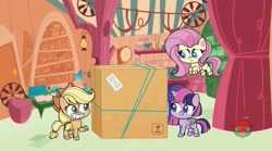 Size: 1665x927 | Tagged: safe, screencap, character:applejack, character:fluttershy, character:twilight sparkle, episode:badge of shame, g4.5, my little pony:pony life, spoiler:pony life s01e13