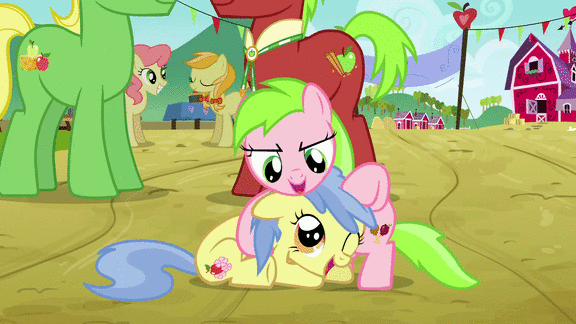 Size: 576x324 | Tagged: safe, screencap, character:apple cinnamon, character:apple flora, character:gala appleby, character:jonagold, character:pink lady, character:sweet tooth, character:wensley, species:pony, episode:apple family reunion, g4, my little pony: friendship is magic, animated, apple family member, cute, diabetes, eyes closed, female, filly, gif, grin, male, mare, noogie, open mouth, sitting, smiling, stallion, underhoof
